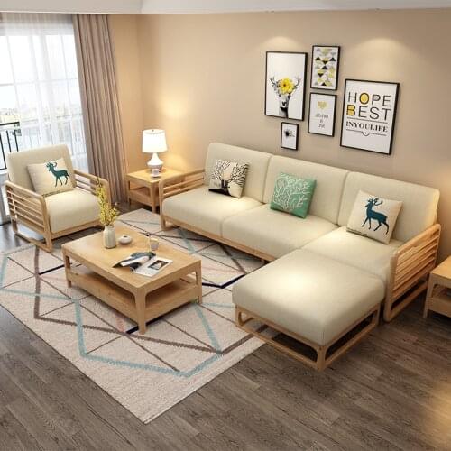Solid wood sofa combination living room corner Nordic furniture small family fabric sofa