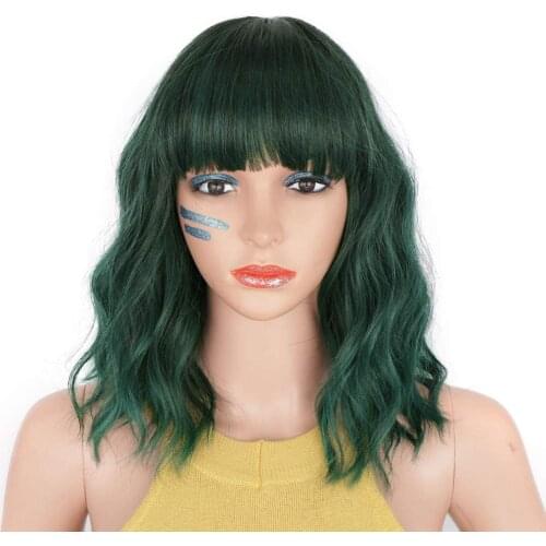 Short Curly Bob Wigs With Bangs Shoulder Length Green Bob Wavy Wig Mixed Green Wig For Women