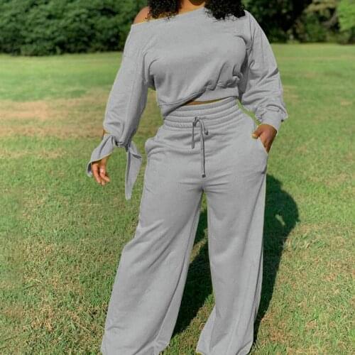 Open Back Cross Lace-up Short Slash-Neck Sweatshirt + Wide-Leg Pants 2021 Spring Autumn New Casual Sports Two-Piece Set Sets