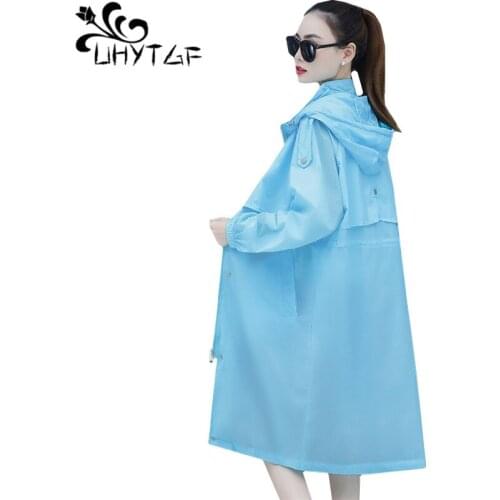 UHYTGF Summer coat new fashion thin sunscreen clothing Long windbreaker jacket Breathable Hooded elegant women tops Plus size 90