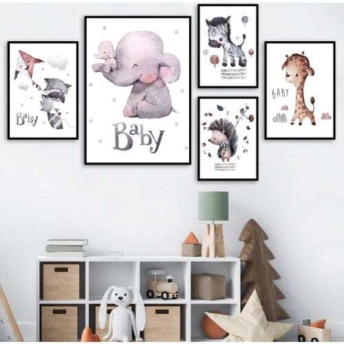 Cartoon Giraffe Elephant Zebra Raccoon Whale Nursery Wall Art Print Canvas Painting Nordic Poster Wall Pictures Baby Room Decor