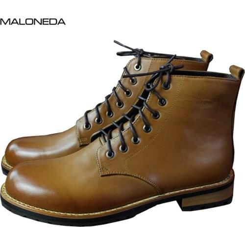 MALONEDE Making New Shoes After Ordering Mens Handmade Genuine Cow Leather Lace up Short Boots with Goodyear Welted