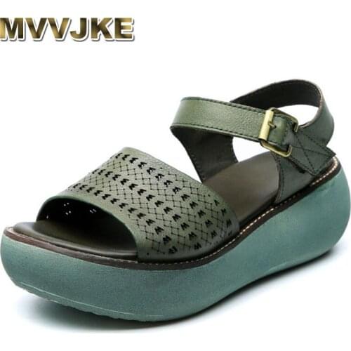 MVVJKE sandals spring summer ladies wedge sandals for women fashion fish hollow mouth Roma shoes lady platform shoes cow leather