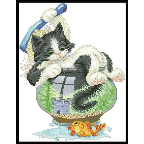 Cat In The Fish Tank Printed Cross Stitch Pattern Kits Counted Canvas Embroidery Needlework Sets 11CT 14CT DIY Crafts Home Decor