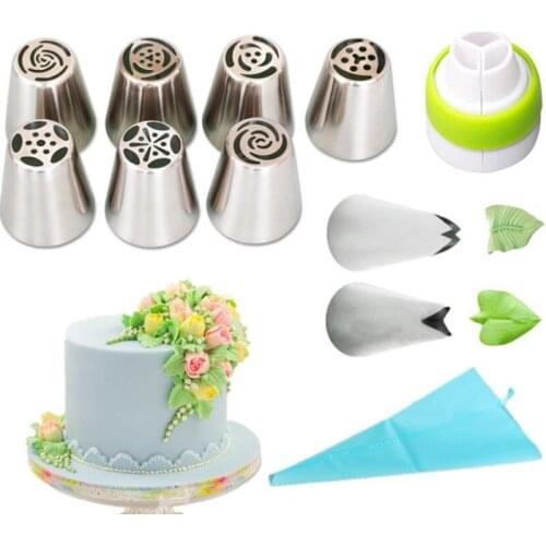 11PCS Russian Icing Piping Nozzles Tulip Stainless Steel Flower Cream cake Pastry Tips Leaf Nozzles Silicone Bag Cupcake DIY