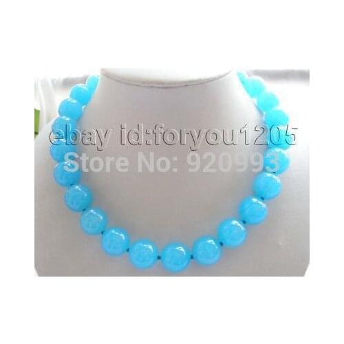 18" Genuine 14mm Round Blue Natural Jade Necklace