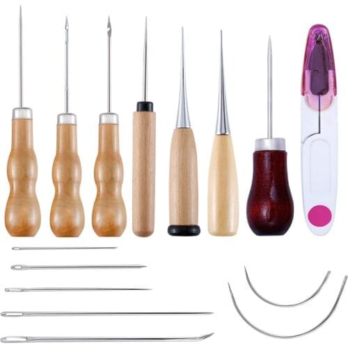 LMDZ 6 Style Shoes Repair Awls Wood Handle Leather Sewing Awl Punch Hole Tools Hand Stitcher With Stitching Needles and Scissors
