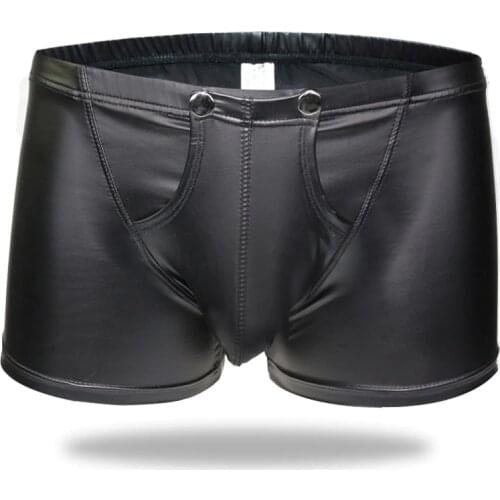 Leather Sexy Mens Underwear Boxers Brand Open Front Crotchless Boxer Shorts Men U Convex Low Waist Male Boxershorts Underpants