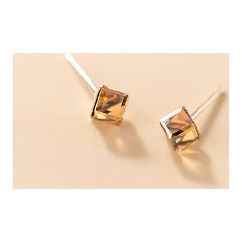 Real 925 Sterling Silver Small Browm Cube Shape Stud Earrings for Women Girls
