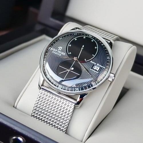 Reef Tiger/RT New Fashion Business Men Watches Waterproof Stainless Steel Mesh Steel Band Date Power Reservce Mechanical Watches