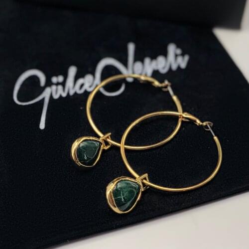 GULCE DERELI, GREEN NATURAL STONE EARRINGS, HOOP EARRINGS, CHARM EARRINGS, GIFT BOX, GOLD/SILVER PLATED