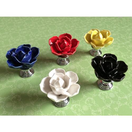 Flower Knob Dresser Knobs Drawer Handles / Kitchen Cabinet Knobs Pull Handle Ceramic Rose Lotus Black Blue Yellow White Red