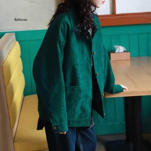 Basic Jackets Women Solid Green Corduroy Turn-down Collar Vintage Korean Style Elegant Bright Trendy Loose Slim Casual Ladies