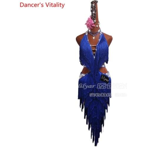 Women Girls Latin Dance Competition Performance Clothing Performance Dance Skirt Encouraged Treasure Blue fringed Skirt