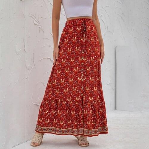 Womens Skirt Vintage Long Skirts Harajuku Summer High Waist Fashion Summer Floral Elastic Chiffon Streetwear