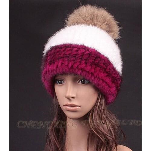 CX-C-235H Girls Winter New Fashion Knitted Mink Fur Raccoon Fur Pom Pom Hat