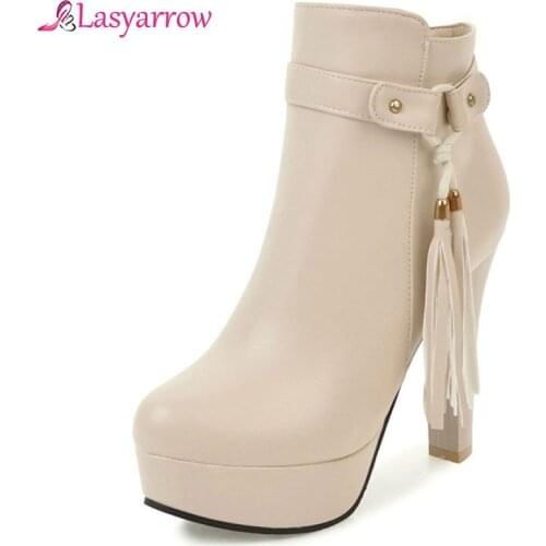Lasyarrow Chunky High Heels Women Ankle Boots Fall Winter Platform Ladies Boots Large Size Fashion Shoes Black Beige 2019 J941