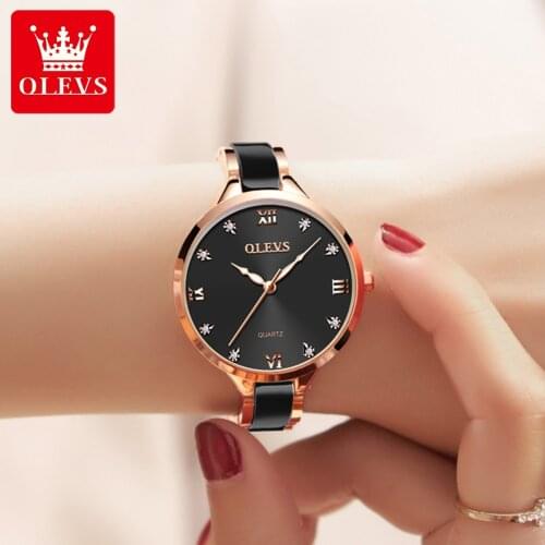 2021 OLEVS Diamond Black Face Watch Ladies Quartz Ceramic Ladies Watch Waterproof Brand Luxury Female Clock Montre Femme Casual