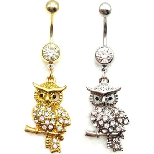 2019 new white rhinestone owl dangling pendant barbell navel stud body piercing jewelry gold belly button rings
