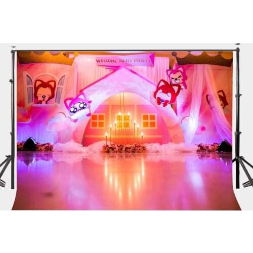 7x5ft Millennial Pink Cartoon Room Backdrop Birthday Cake Candles Photography Background Birthday Party Photo Shooting Props