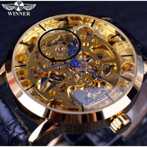 Winner Transparent Blue Hands Skeleton Full Golden Designer Watch Men Watches Top Brand Luxury Mechanical Watch Clock Wristwatch