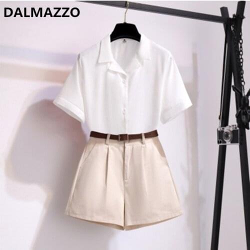DALMAZZO New Fashion Womens Summer Suit White Single-Breasted Shirt Tops + Wide Leg Hot Short Pants 2 Piece Sets Mujer XL
