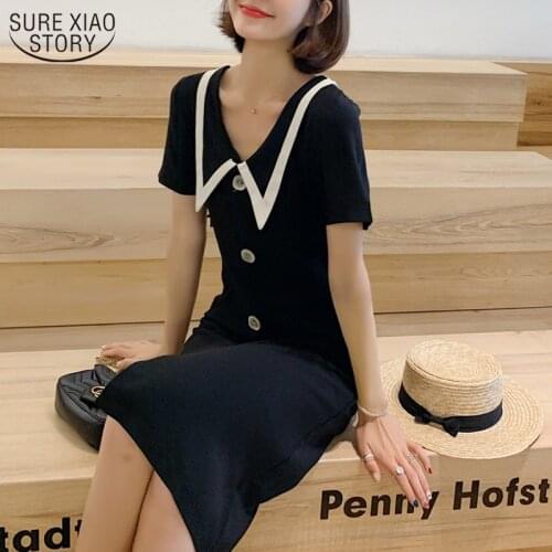Black V-neck Dresses Short Sleeve Midi Doll Collar Dress 2021 Summer Dress New Vintage Temperament Two-Sided Wear 8695