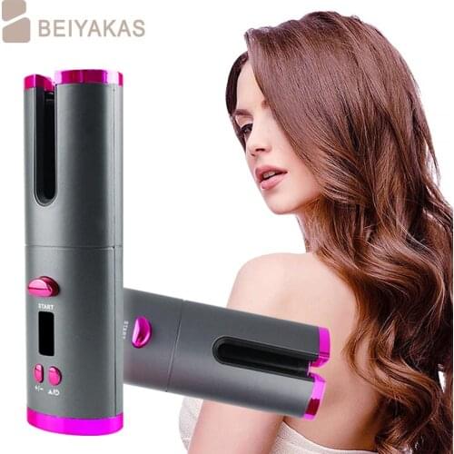 Wireless automatic USB rechargeable rotating curling iron LED display temperature adjustable beach wave curling tool