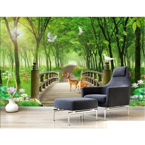 Custom wallpaper forest animal deer bird lotus tree bridge TV background wall home decoration living room bedroom 3d wallpaper