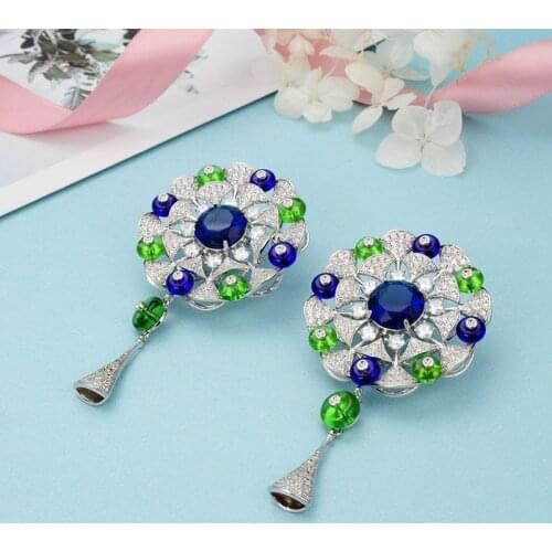 Top Quality Luxury Royal Blue and Green Crystal Zircon Fan Shaped Flower Drop Earrings for Women Party Fine Custom Jewelry