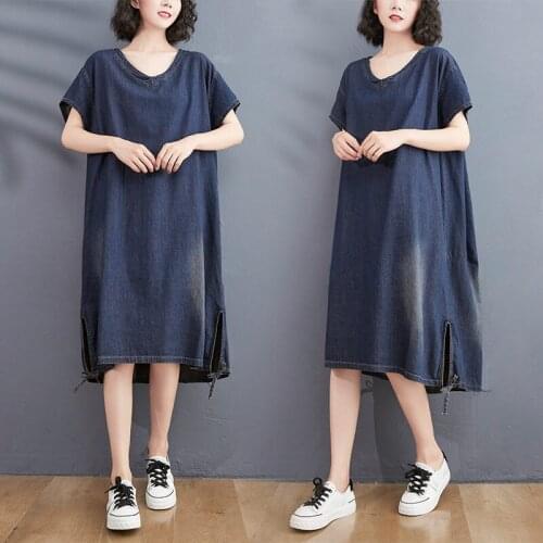Large Size Loose Short Sleeve Denim Dress Female Summer 2021 New V-Neck Solid Color Mid-Length Casual Slim Baggy Dress zh1477