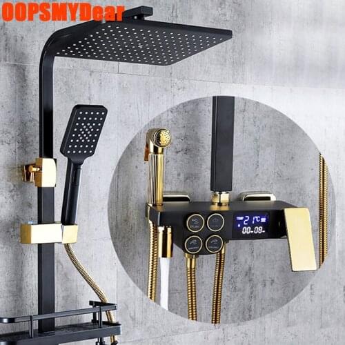 Thermostatic Digital Shower System Bathroom Hot Cold LED Light Shower Set Wall Mount Square Head SPA Rainshower Black Bath Grifo