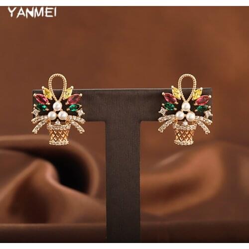 Flower Basket Vintage Color Earrings for Women Plant Elegant Pearls Vintage Banquet Jewelry Fashion Popular Wedding Accessories