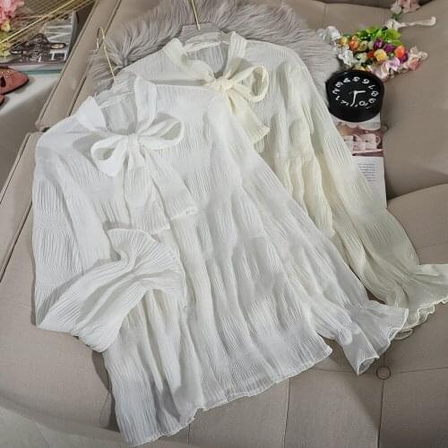 Women Flare Sleeve Lace Up Bandage Strap Striped Basic Ruffles Chiffon Shirt Vintage Short Slim Pullover Mesh Gauze Blouse Tops