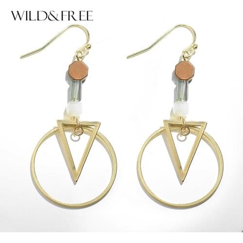 Fashion Geometric Statement Earrings With Stone Beads Copper Gold Round Triangle Pendientes Dangle Earrings Women Party Gifts