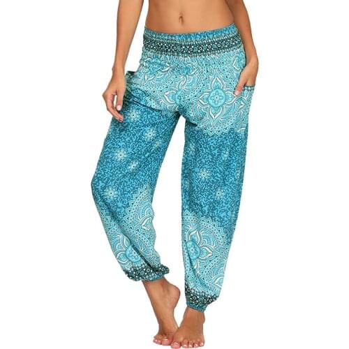 Womens Harem Hippie Yoga Pants Floral Boho Lounge Beach Print Genie Aladdin Pants With Pockets