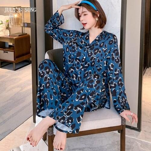 JULYS SONG 2 Pieces Pajamas Set Womens Sleepwear Satin Silk Leopard Print Elegant Pyjama Long Trousers Spring Summer Sleepwear