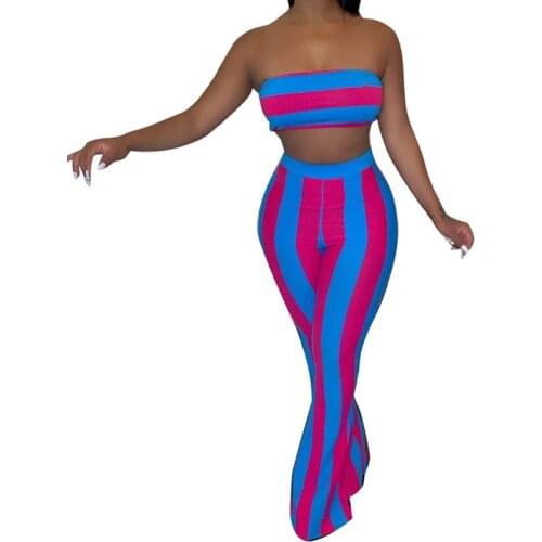 2021 Women Two Piece Outfits Sexy Club Festival Clothing Striped Crop Top and Flare Pants Birthday Matching Suit 2 Piece Set