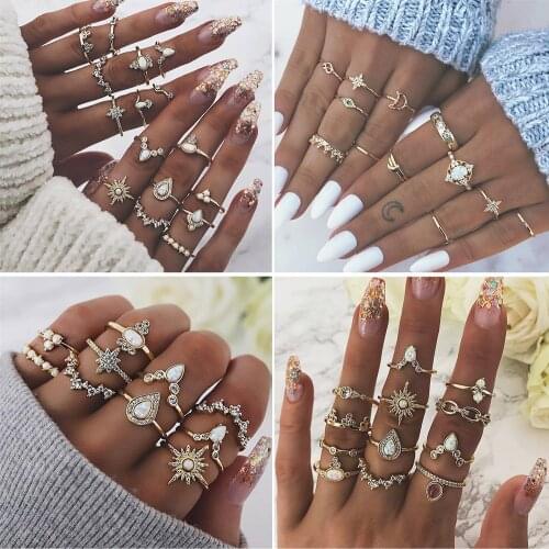 MIX Styles Bohemian Vintage Gold Crown Water Drops Star Geometric Crystal Ring Set Women Charm Joint Ring Party Wedding Jewelry