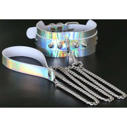 Holographic Dog Slave Chain Choker Punk Spikes Laser Leather Collar Belt Necklace Statement Chocker Harajuku Women Jewelry