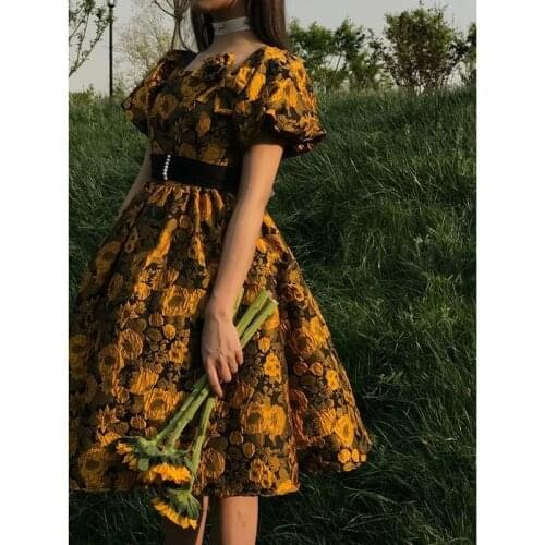 Square neckline print pleated temperament loose socialite fashion 2021 summer new design simple dress