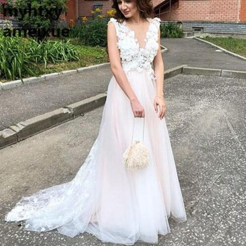 A Line Cheap Wedding Dresses Beach 2020 Robe De Soiree Vintage Lace 3d Flowers Top Sexy Women Boho Tulle Long Bridal Dress