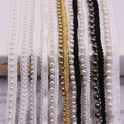 1/5/10Yard DIY Hand-stitched Pearl Glitter Beads Braid Lace Ribbon Wedding Dress Skirts Collar Neckline DIY Sewing Appliques
