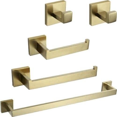 5-Piece Bathroom Hardware Accessories Set Wall Mounted Stainless Steel Bath Towel Bar Cloth Robe Hook, Brushed Gold Black Chrome