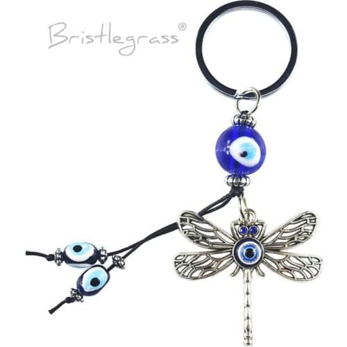 BRISTLEGRASS Turkish Blue Evil Eye Dragonfly Keychain Key Chains Ring Holder Amulet Hanging Pendant Lucky Charm Blessing Protect