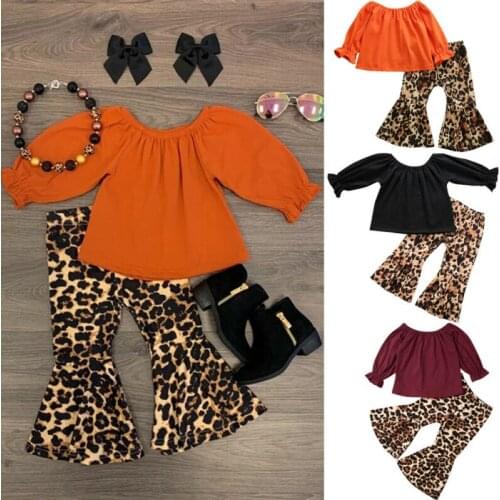 Toddler Baby Girls Cotton Tops T-shirt Leopard Flared Pants Bell Bottom Clothes