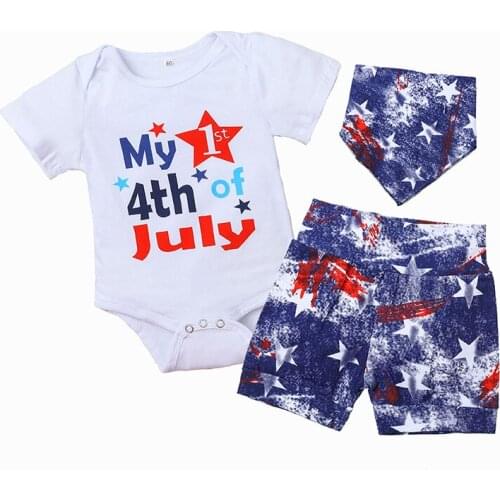 3Pcs Baby Boys Independence Day Clothes Sets Letter Print Short Sleeves Romper + Star Print Shorts + Bib Suit
