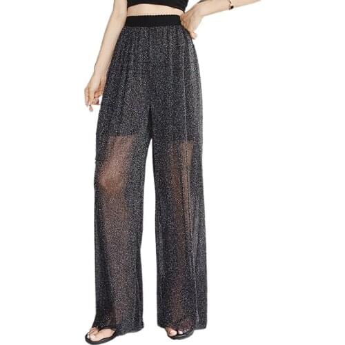 Summer Women Long Tranparent Mesh Pants Women Silver Shiny Long Mesh Pants Woman Wide Leg Pants