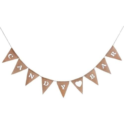 Fashion Candy Bar Heart Print Banner Vintage Just Hessian Pennant Triangle Burlap Bunting Flags For Party Decoration Mr&Mrs