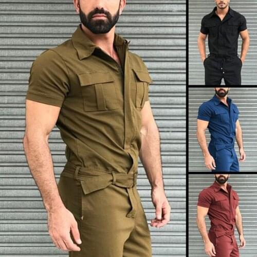 Mens Jumpsuit Long Pants Shorts Sleeve Causal Cargo Overalls Zipper Pockets Rompers Outfit Streetwear 3XL Jumpsuits Trousers